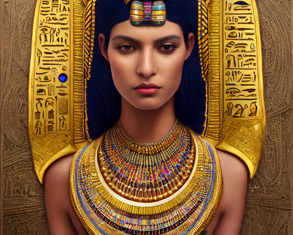 Digital artwork: Woman in ancient Egyptian style with detailed headdress and hieroglyphs