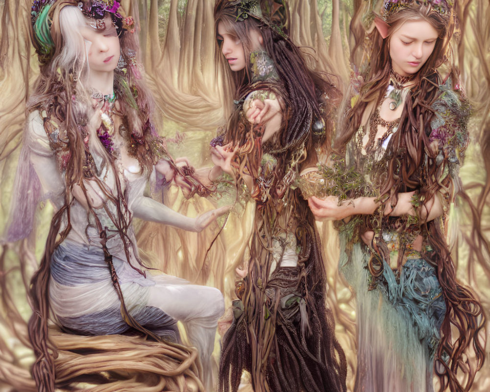 Three women in mystical forest garb with vines and branches, one seated