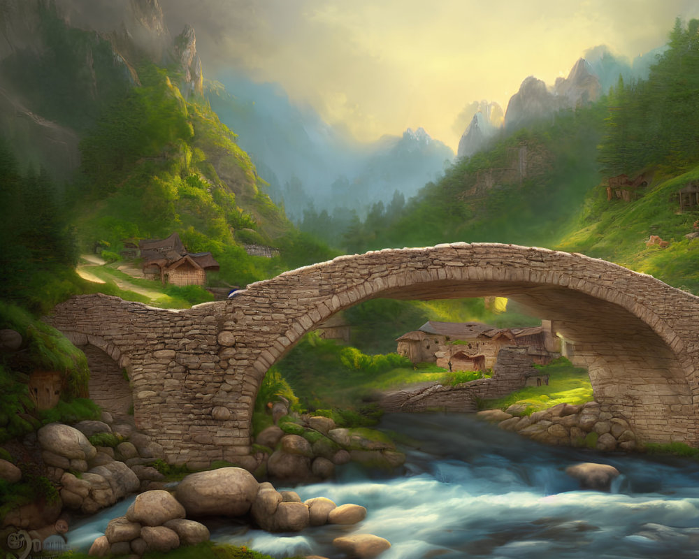 Tranquil landscape with stone bridge, river, mountains, and sunlight.