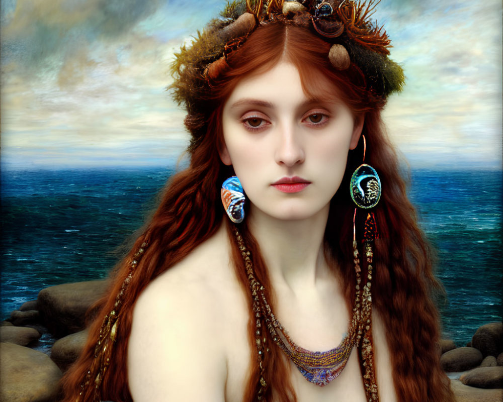 Red-haired woman with sea-themed accessories in front of ocean backdrop exudes mystical marine vibe