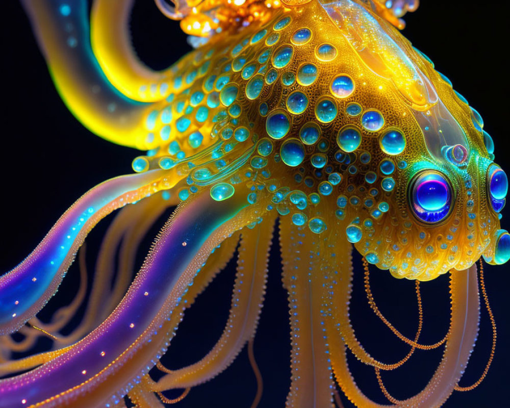 Colorful Octopus with Translucent Tentacles and Blue Eyes on Dark Background