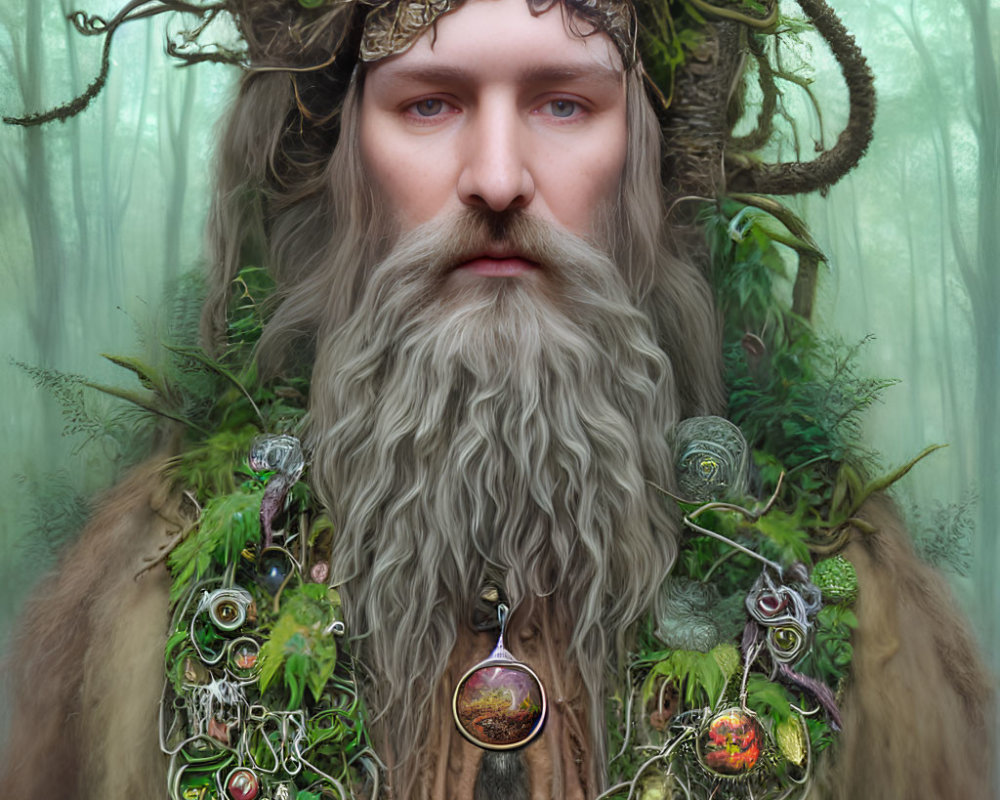 Forest spirit with leafy crown and jewelry in foggy woodland.