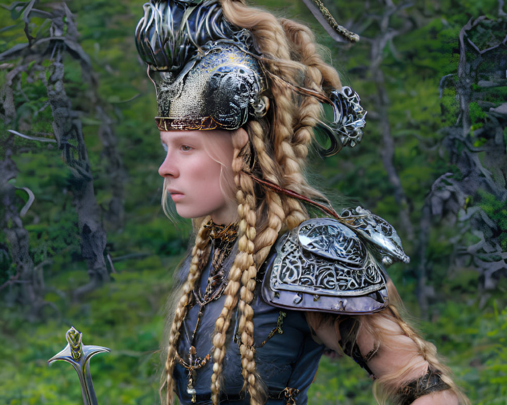 Young woman in ornate medieval armor with braided hair holding a sword hilt in a forest