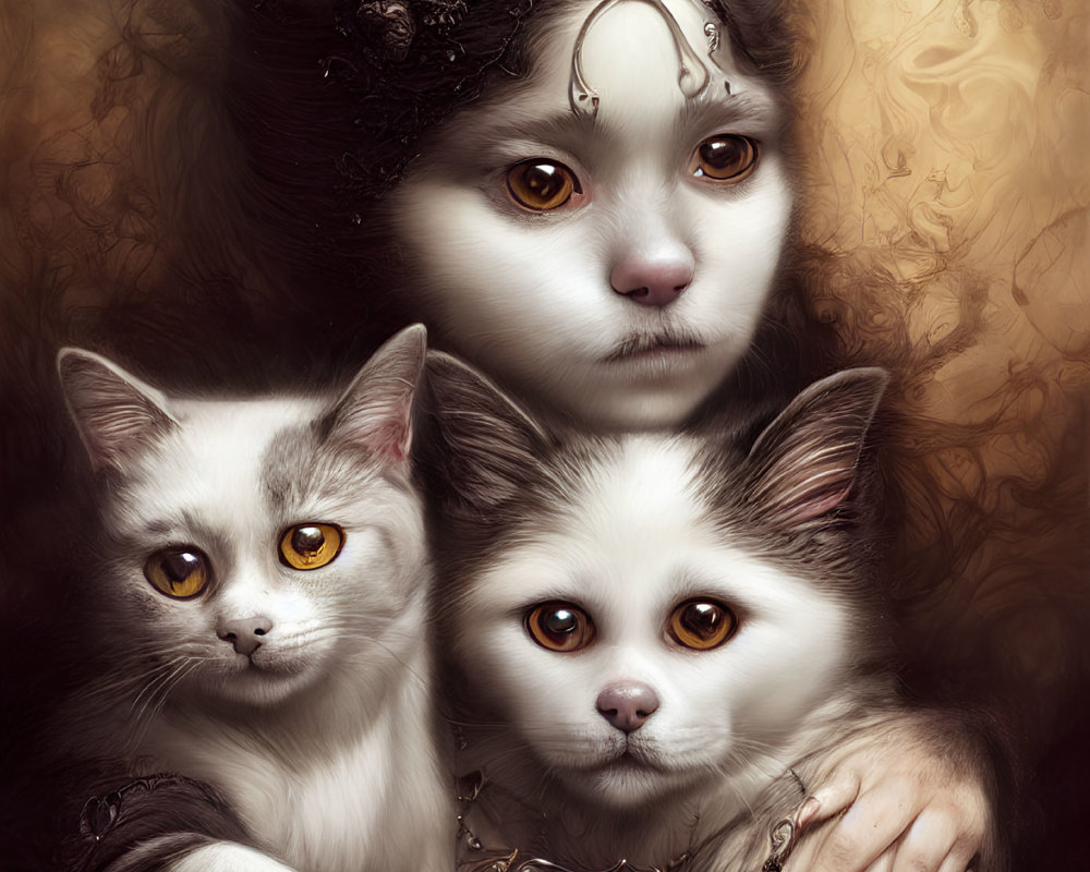 Surreal portrait featuring person with cat face and two cats