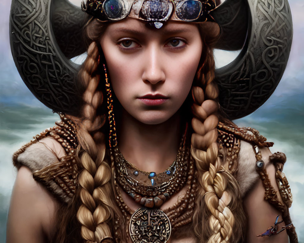 Portrait of woman with braided hair in horned helmet and jewelry against cloudy sky