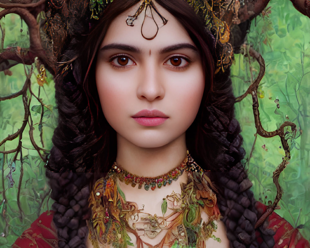 Woman with nature-inspired headpiece in forest setting