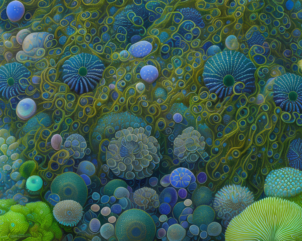 Vibrant surreal underwater painting with detailed sea life and corals