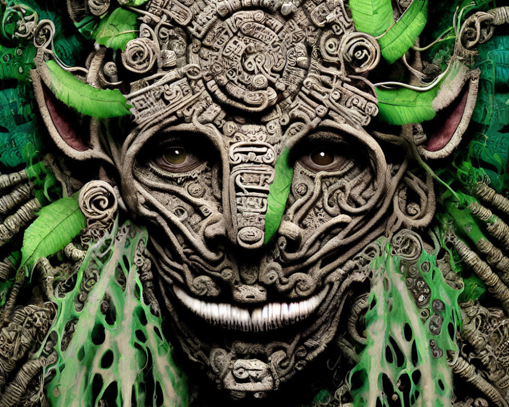 Detailed tribal carvings and piercing eyes on a mystical creature with green foliage accents