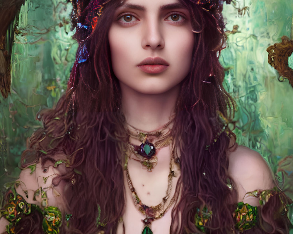 Intense gaze woman with jeweled crown in mystical forest portrait