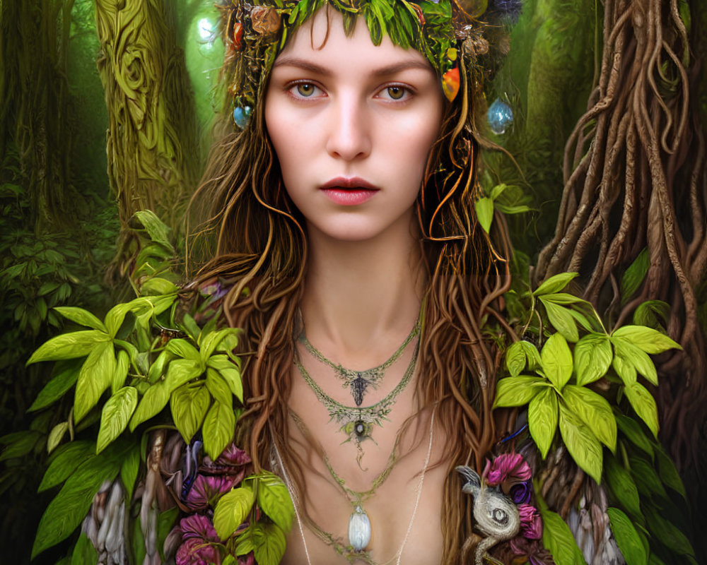 Woman with fruit and flower crown blending into lush forest