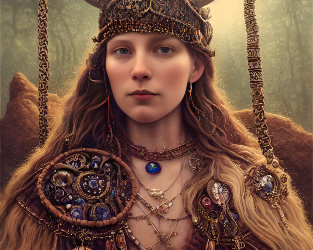 Woman in Viking-inspired costume with horned helmet and jewelry in misty forest.