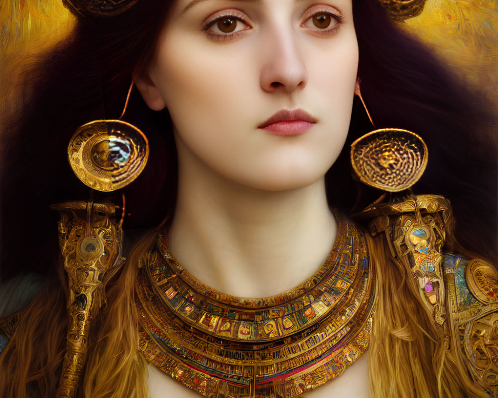 Detailed Portrait of Woman with Striking Gaze and Ornate Gold Armor