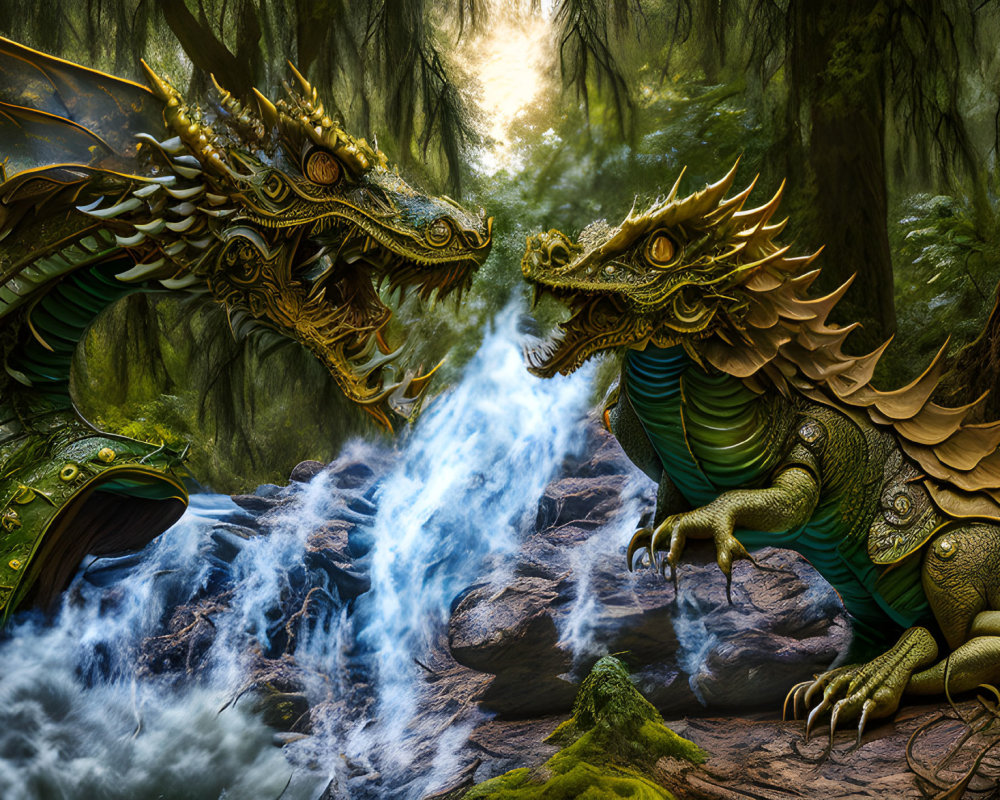 Ornate dragons in mystical forest with rushing stream