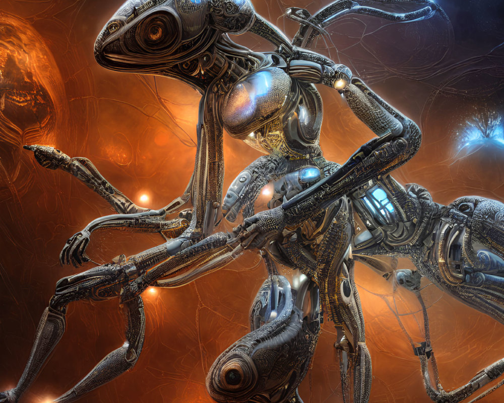 Detailed Alien Robotic Lifeform Against Cosmic Backdrop with Orange Hues