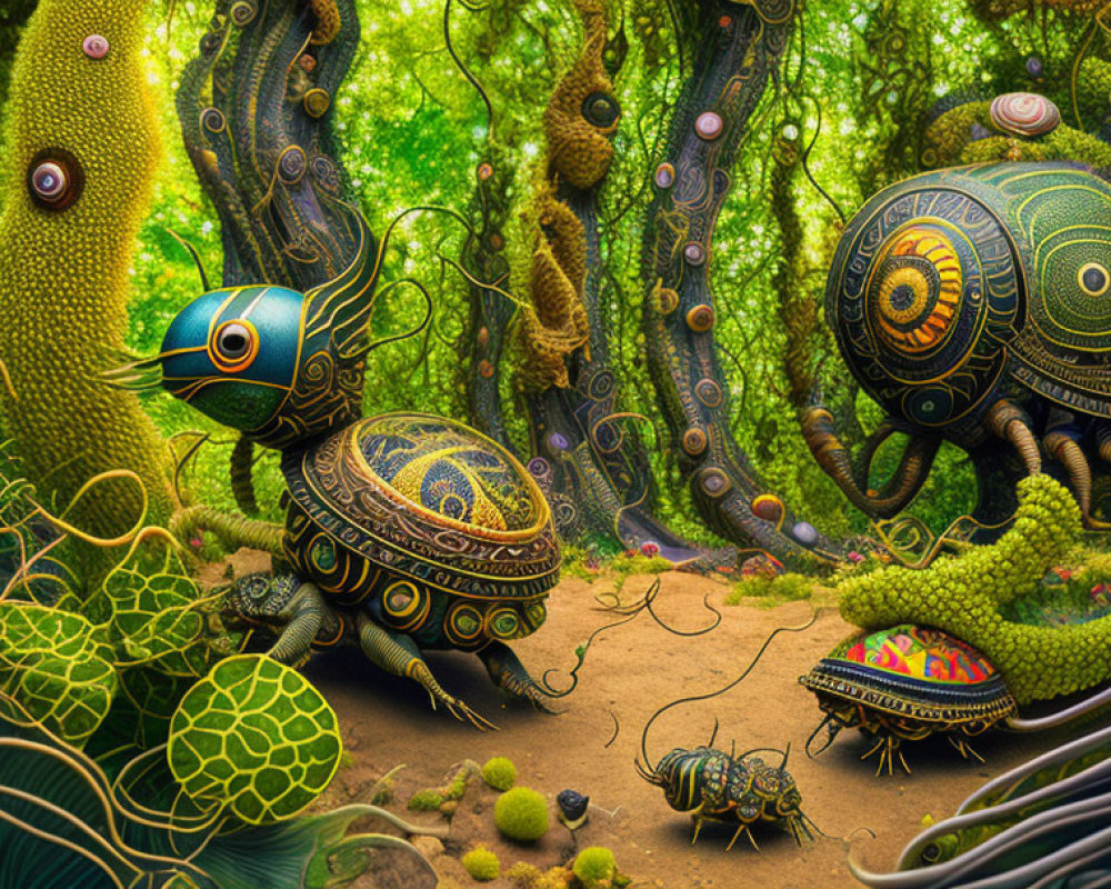 Vibrant surreal forest with whimsical mechanical creatures and sentient trees