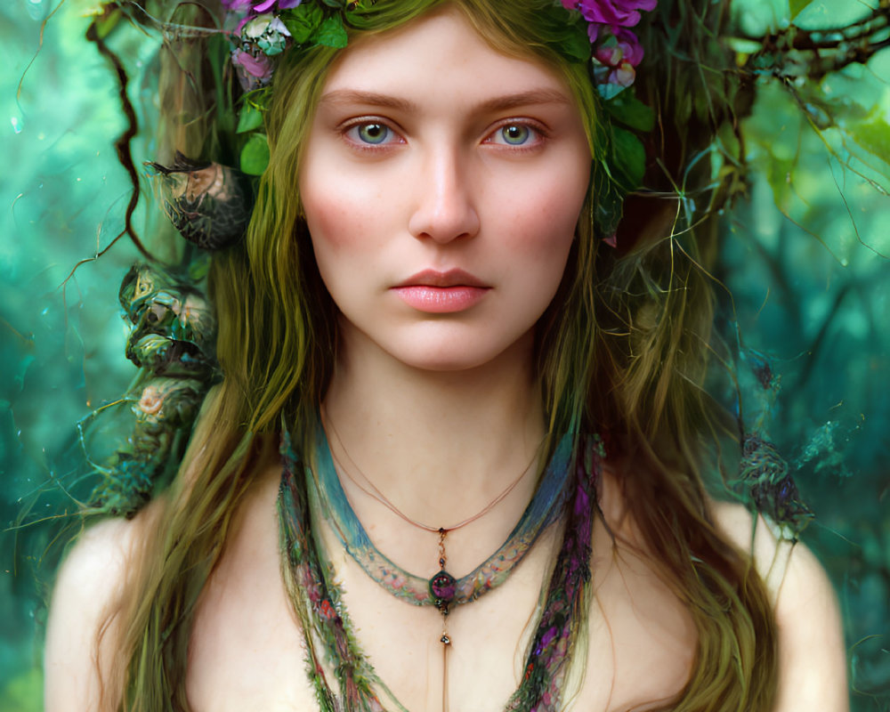 Woman wearing floral crown and nature jewelry in mystical forest