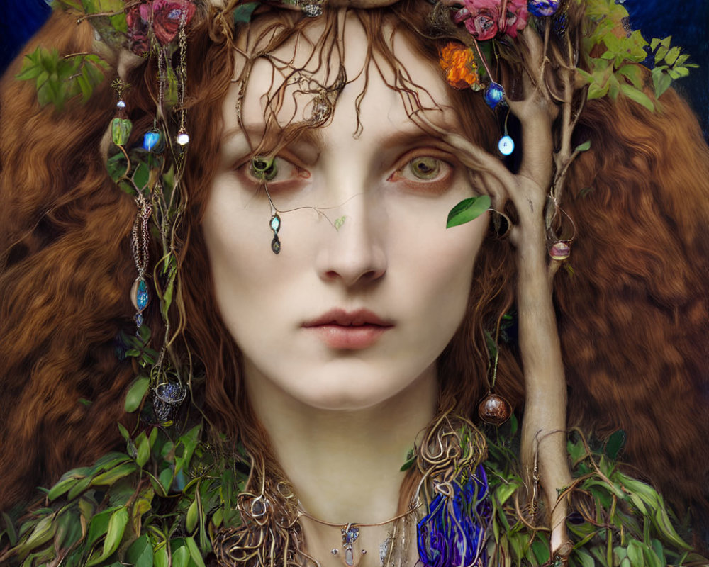 Red-haired woman with green eyes in mystical nature-inspired portrait