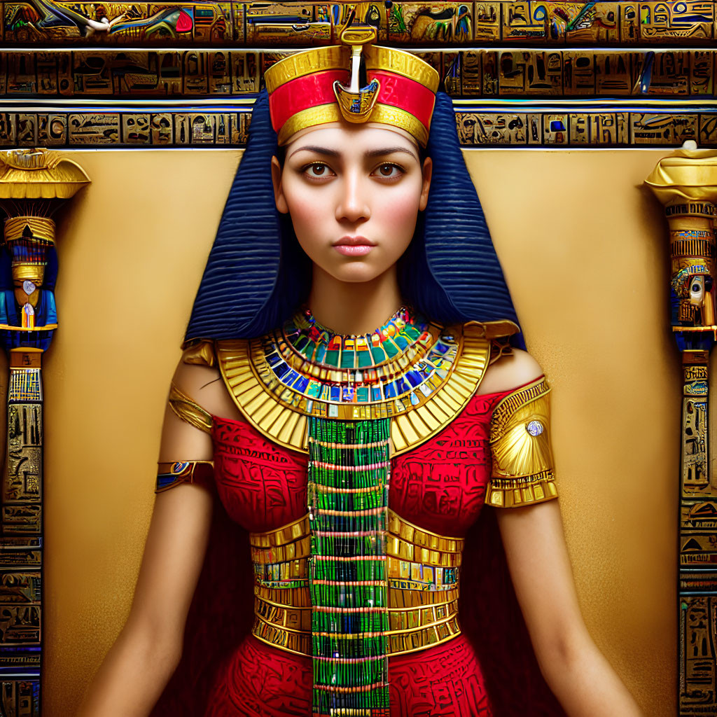 Illustrated portrait of a woman as an ancient Egyptian queen with traditional attire and hieroglyphic backdrop