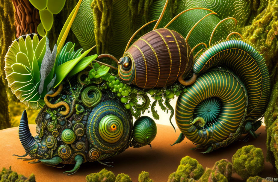 Intricately patterned snail-like creatures in fantastical forest scenery