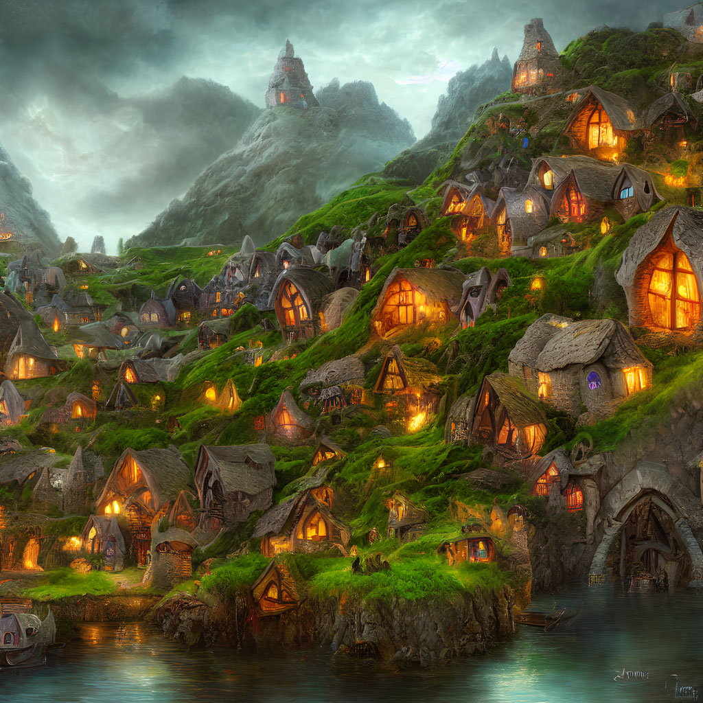 Cozy stone houses in lush hills by a mystical river