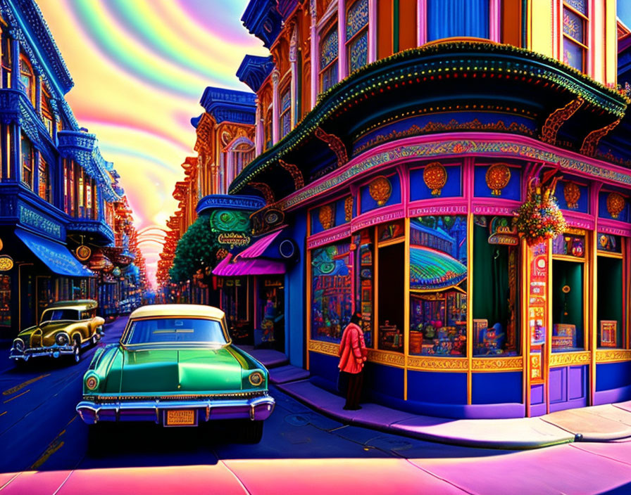 Colorful Neon-Lit Street Scene with Vintage Car and Person at Sunset