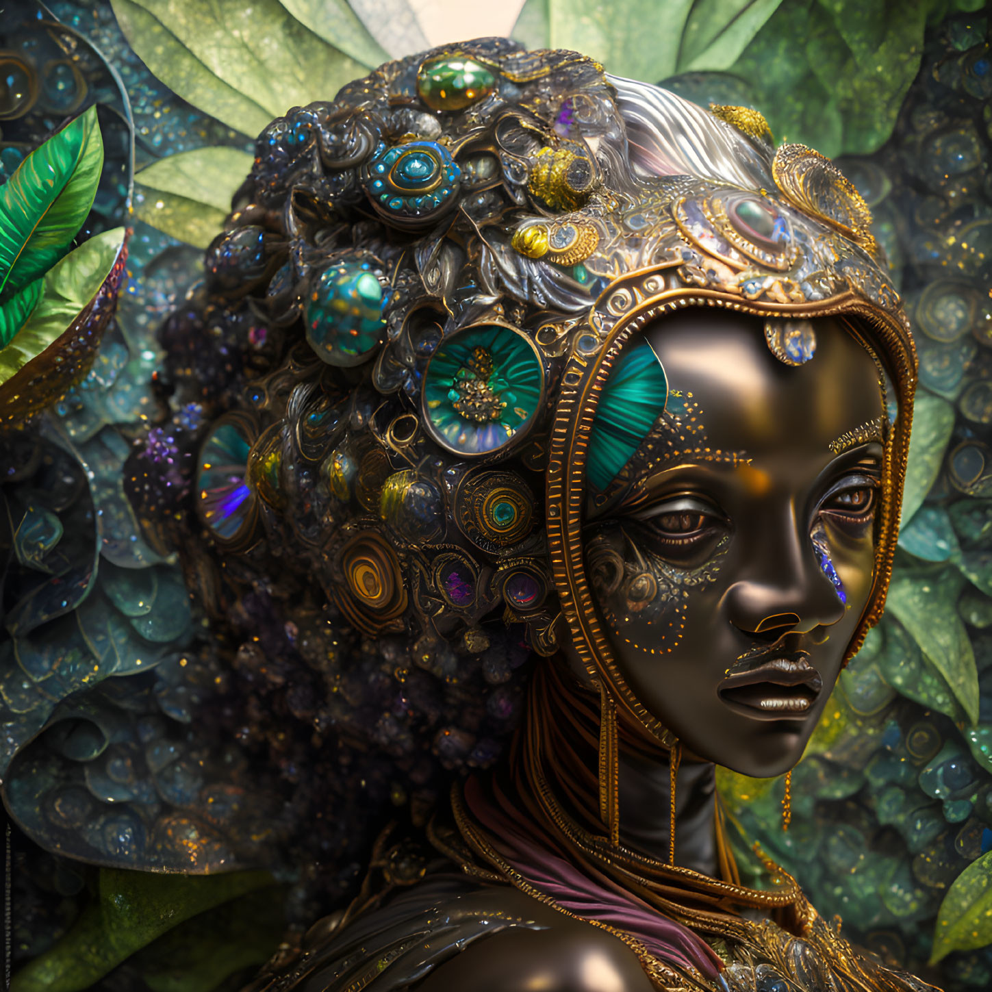 Digital artwork: Woman with metallic skin and golden ornaments against leaf backdrop