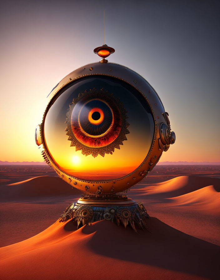 Spherical eye-like structure on desert dunes at sunset