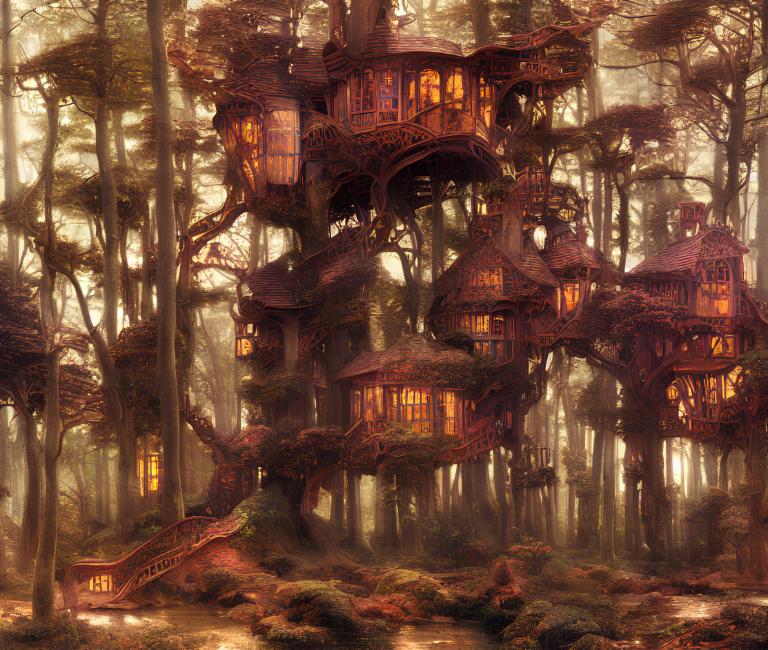 Intricate fantasy treehouses in misty forest