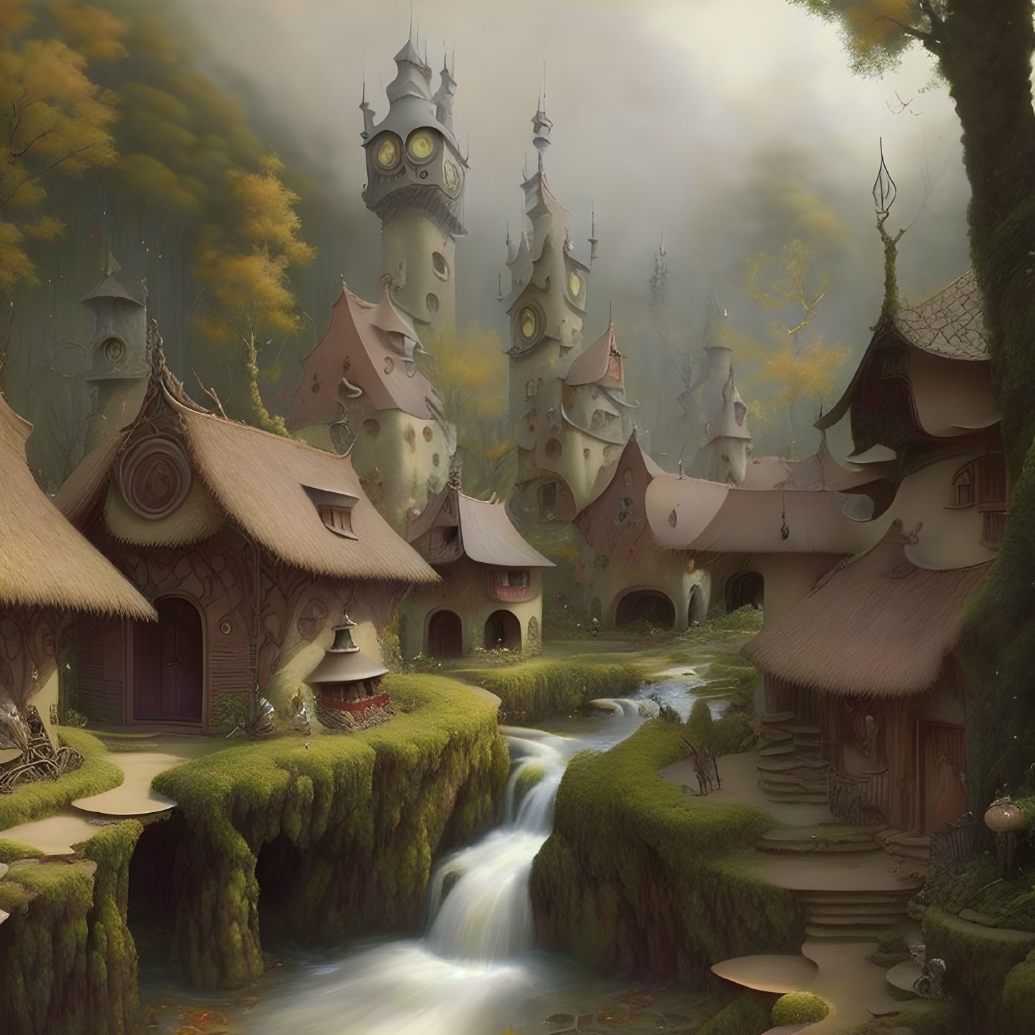 Whimsical fantasy village with thatched cottages and misty forest landscape