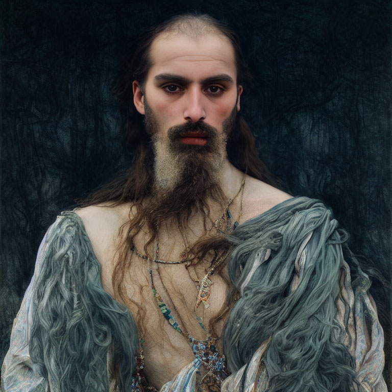 Bearded person in draped garment with jewelry on dark background