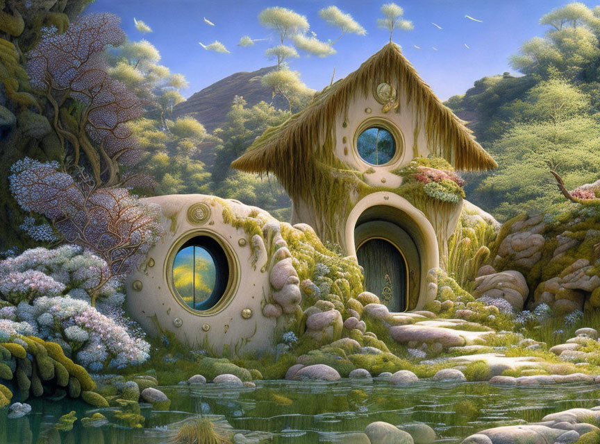 Whimsical face-shaped house with round windows and thatched roof in lush green landscape