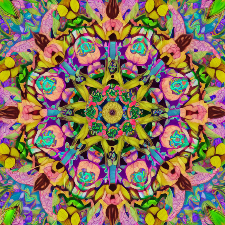 Colorful Symmetrical Kaleidoscopic Pattern with Floral and Geometric Motifs