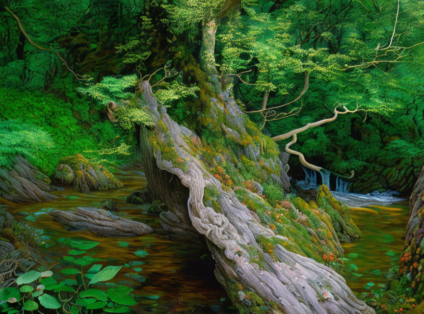 Lush Forest Landscape with Old Tree Trunk and Moss-Lined Stream