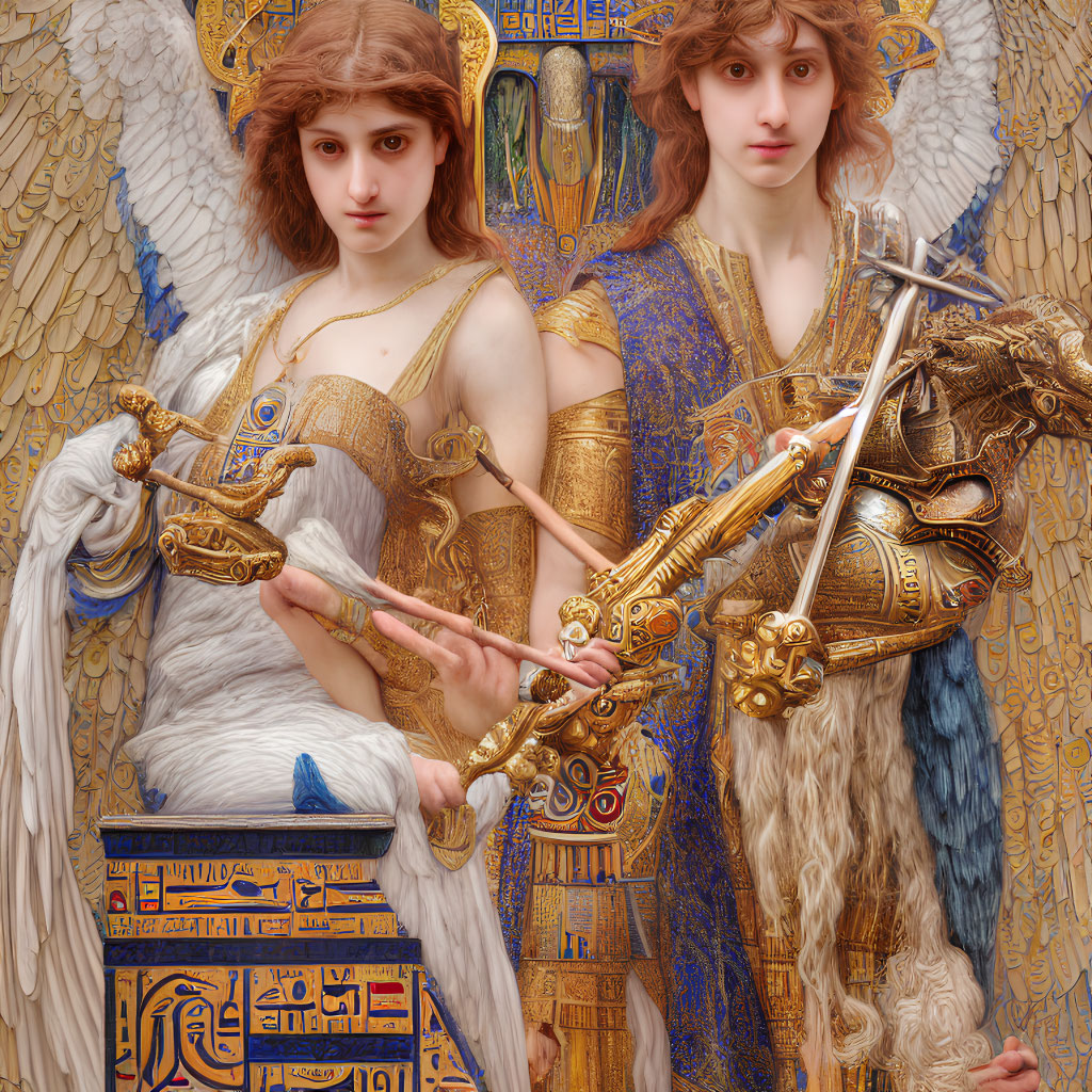 Digital artwork: Intricate angelic figures in ornate armor and wings on golden hieroglyphic