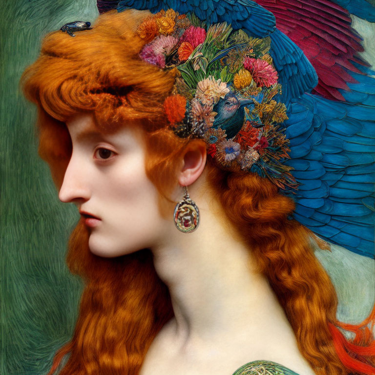 Vibrant painting of woman with red hair, flowers, parrot, and blue bird wings