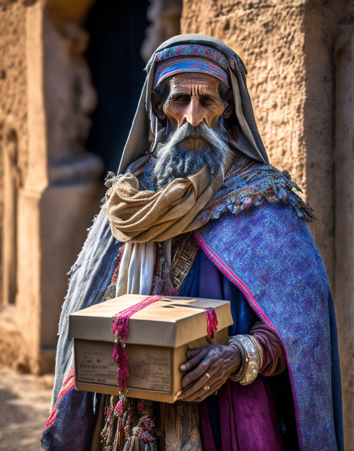 Bearded man in historical attire holding a box near stone structure