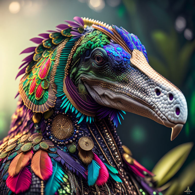 Colorful Creature with Dinosaur-Like Head and Iridescent Feathers