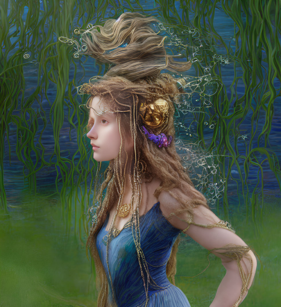 Young woman fantasy portrait with embellished hair and blue dress in green, willow-like backdrop