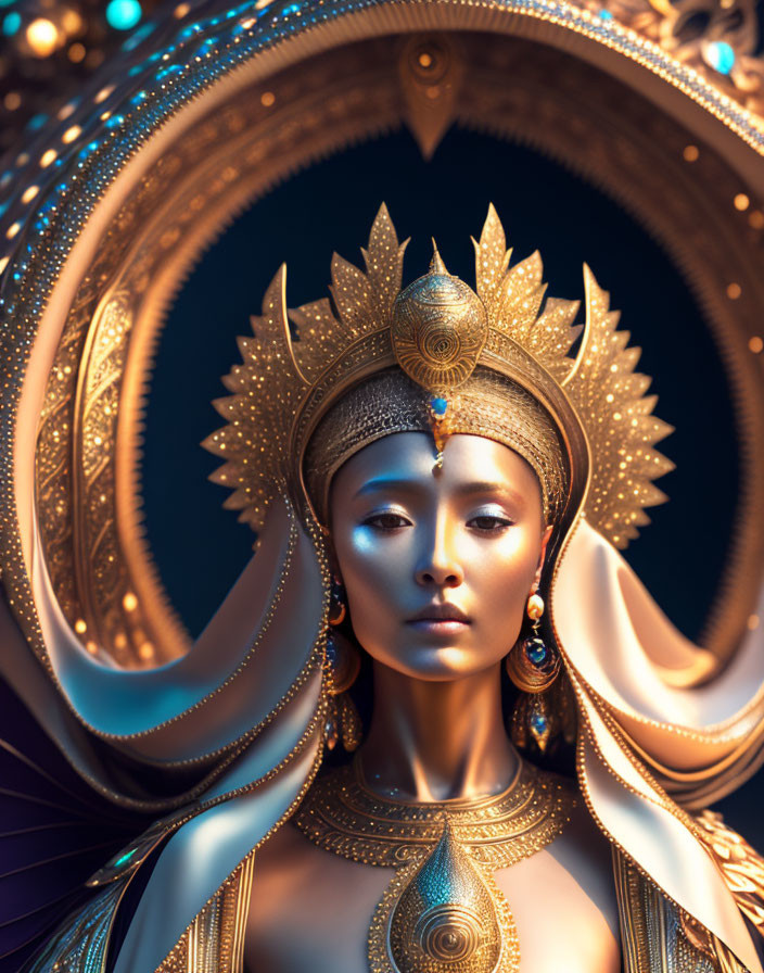 Regal woman wearing ornate golden headdress under warm light