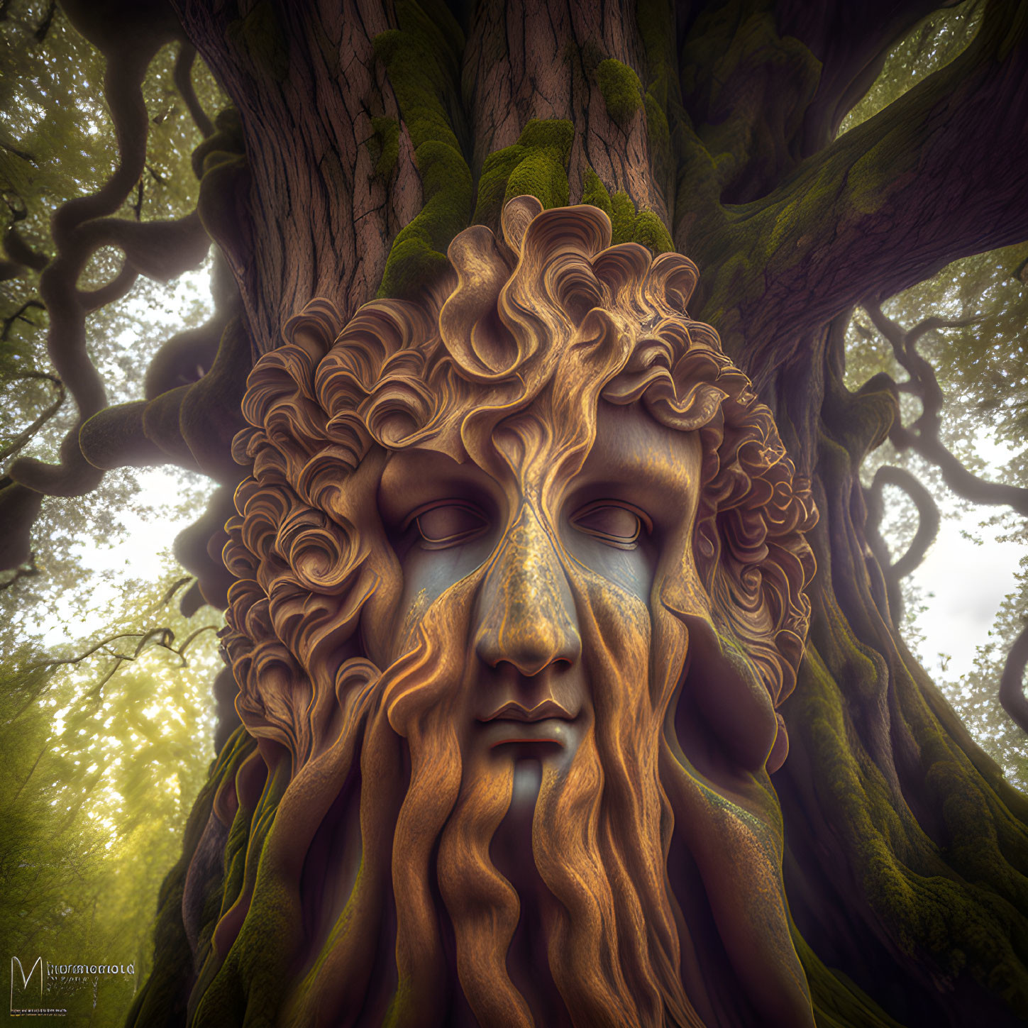 Detailed Curly Hair Blends with Ancient Tree Trunk in Mystical Forest