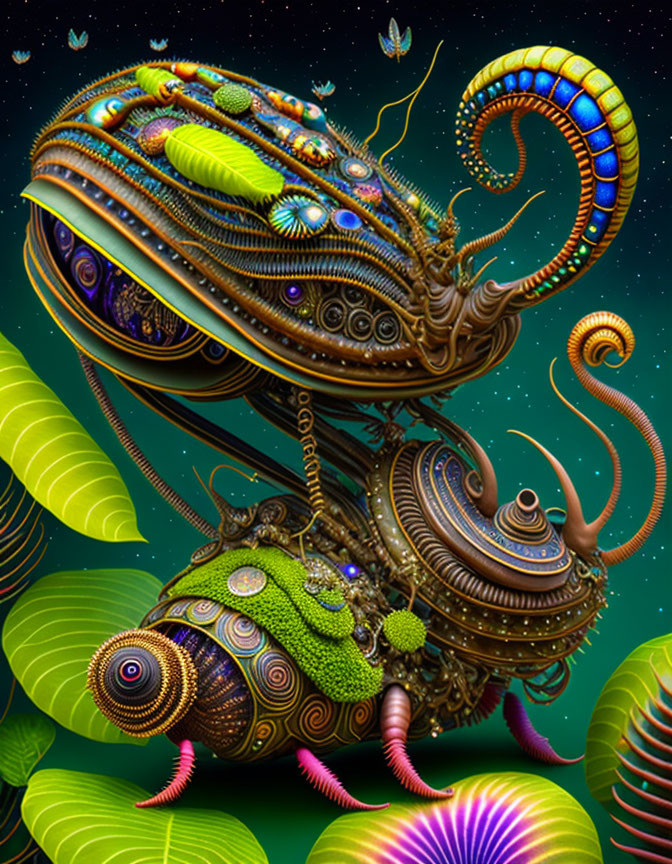 Fantastical creature blending organic and mechanical elements in colorful image