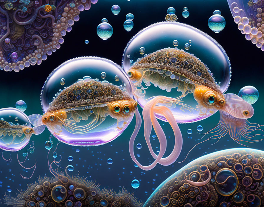 Ornate fish-like creatures in surreal underwater scene