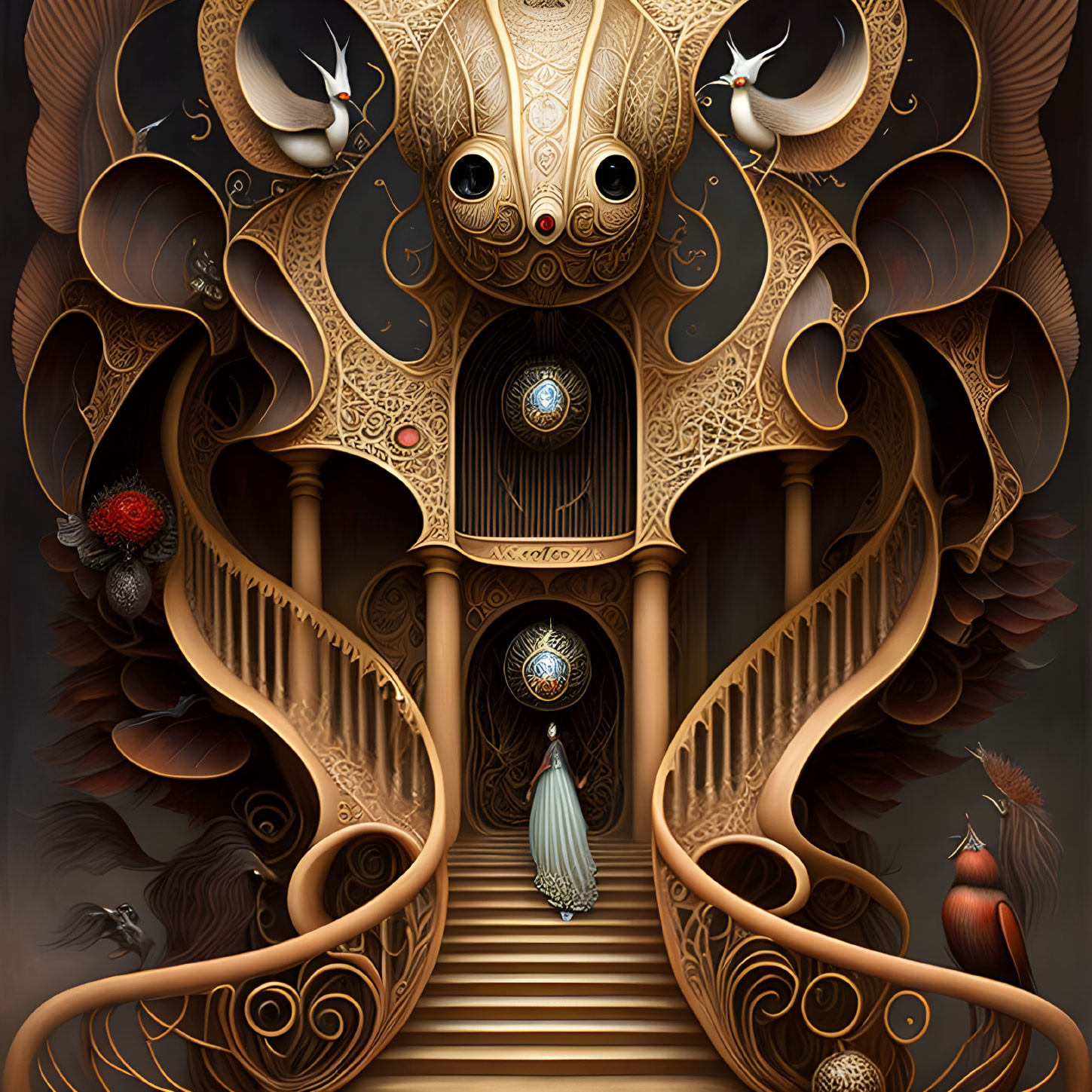 Ornate surreal artwork: grand staircase, exotic birds, clock-themed elephant.