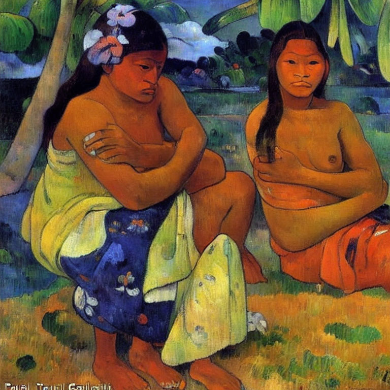 Two women with solemn expressions in bold colors against tropical backdrop