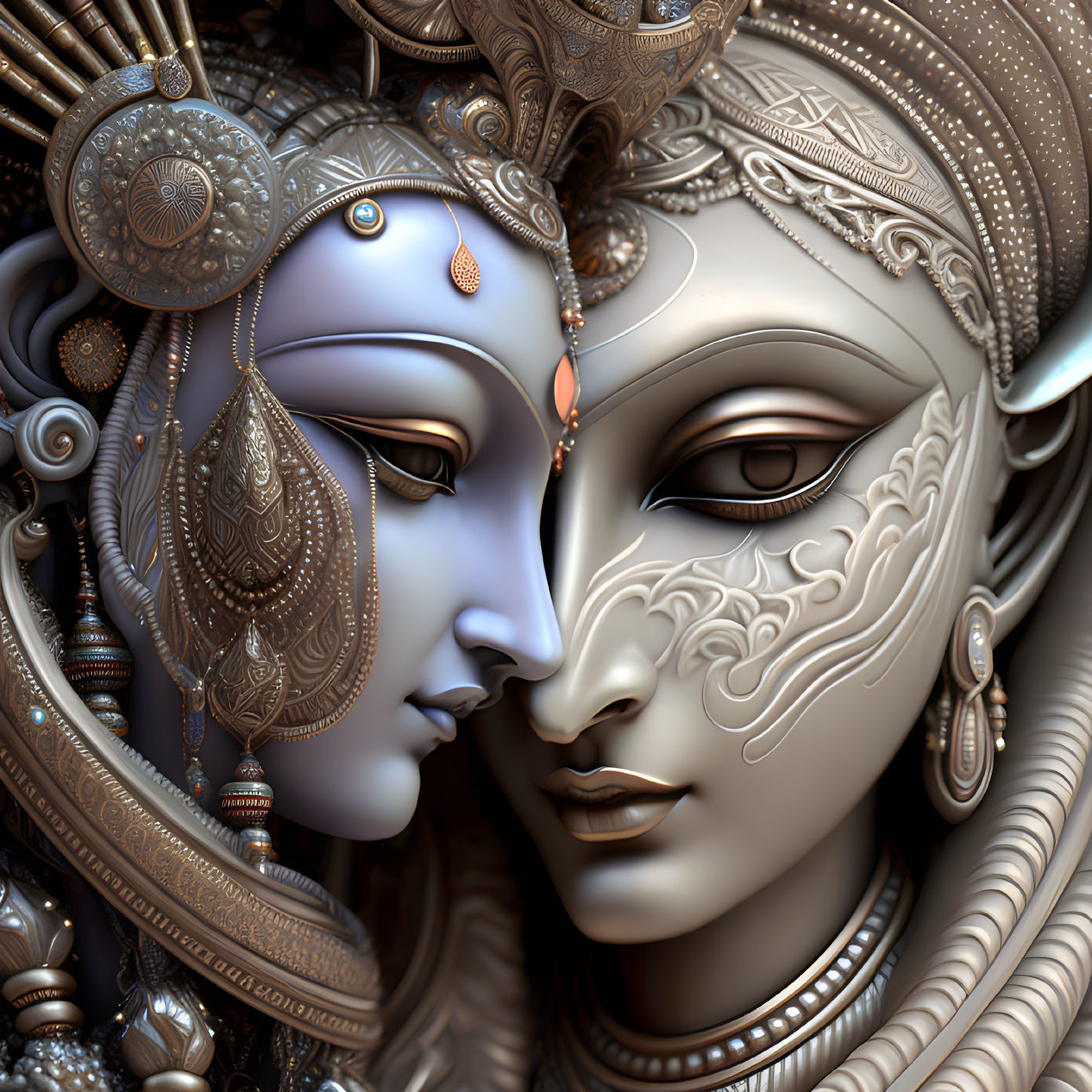 Detailed metallic sculpture of conjoined faces with ornate jewelry and designs