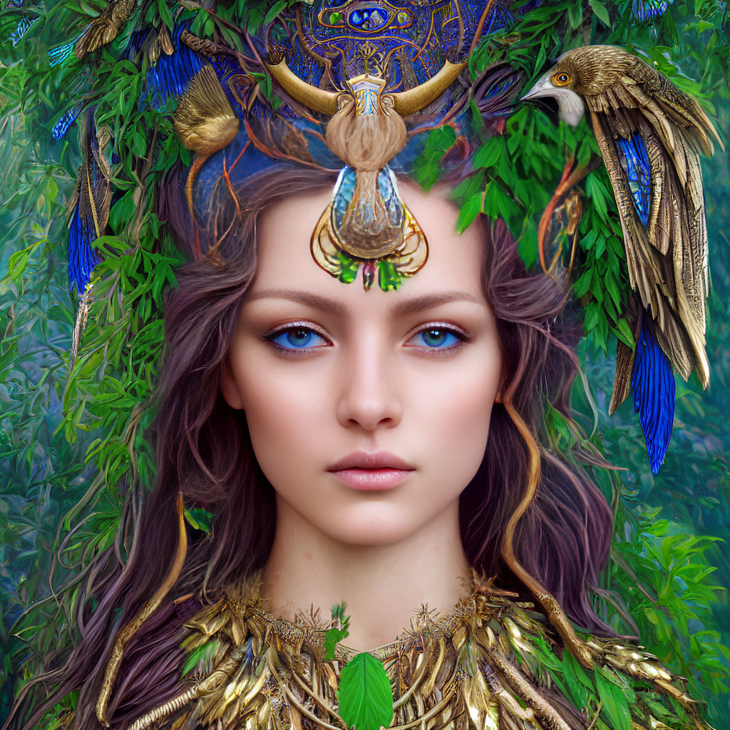 Elaborate Bird Motif Headdress on Woman in Digital Art