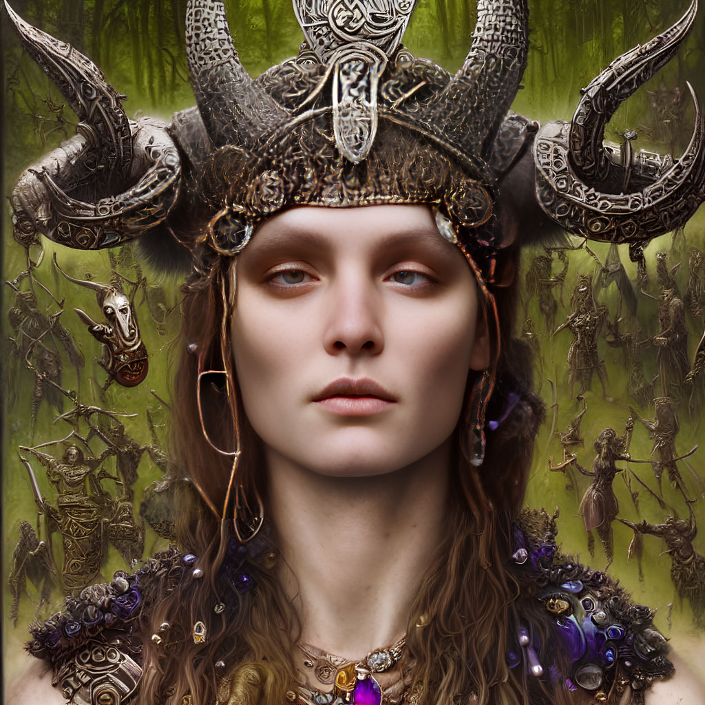 Detailed horned helmet and intricate jewelry on a person with shadowy warrior-like figures in mystical green backdrop