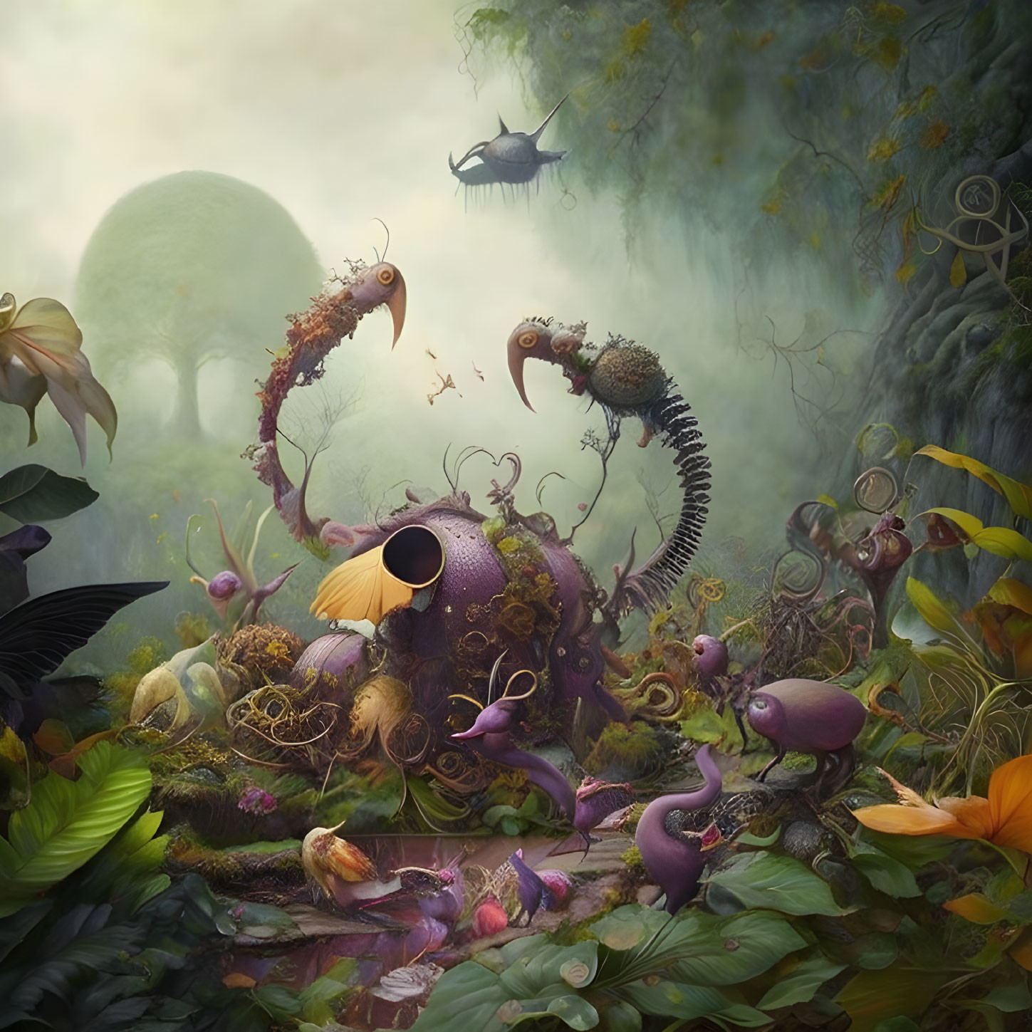 Enchanting forest scene with alien plant life, mysterious creatures, and ethereal lighting