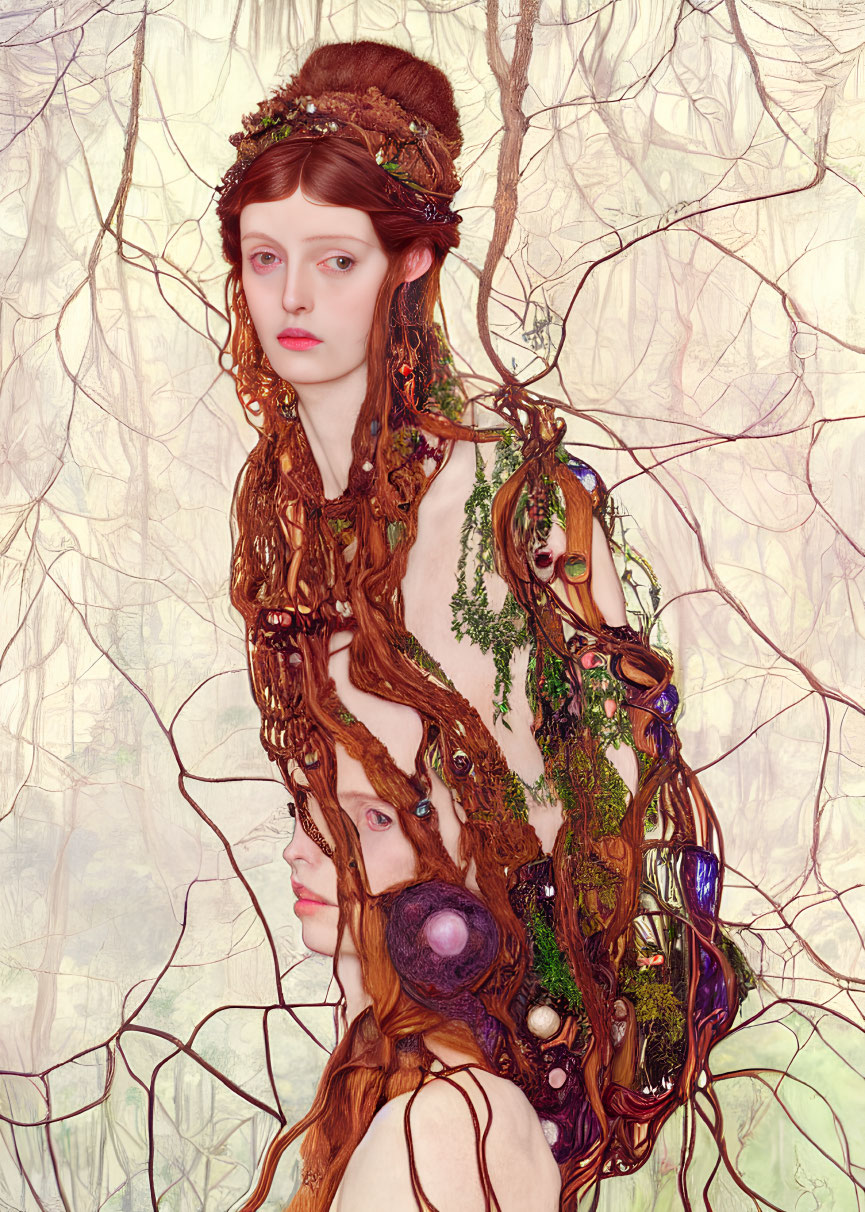 Detailed illustration of two ethereal women with intertwined tree branch-like hair adorned with leaves.