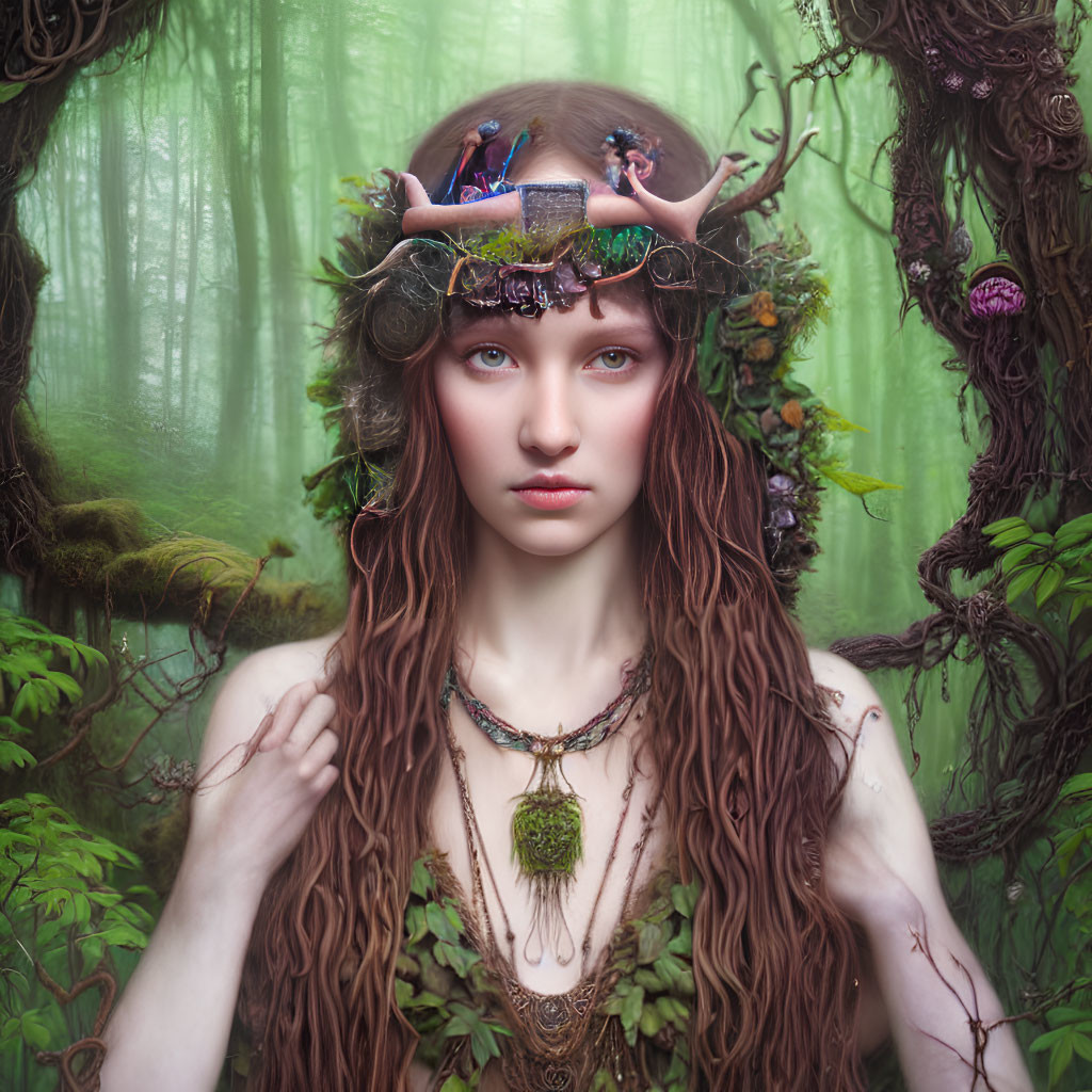 Woman wearing mystical forest crown surrounded by lush greenery and birds.